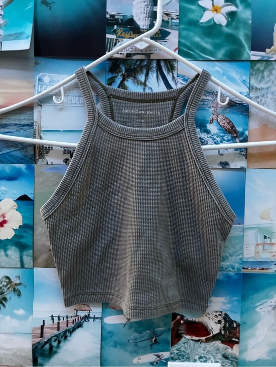 American Eagle Outfitters Tops - American Eagle Outfitters Olive Waffle Knit High-Neck Cropped Tank